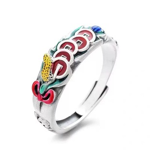 招财转运五帝钱戒指珐琅烧蓝彩色复古风国潮汉服旗袍女纯银可调节