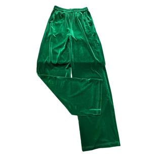裤子夏天薄款丝绒阔腿裤加长绿色国风高腰垂感裤子女胖mm大码显瘦