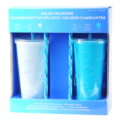 美国进口color changing冷水变色杯吸管杯2支装礼盒 带吸管带盖