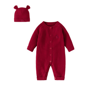 婴儿红色连体衣纯棉秋冬保暖男女宝宝满月针织周岁礼服加绒毛衣