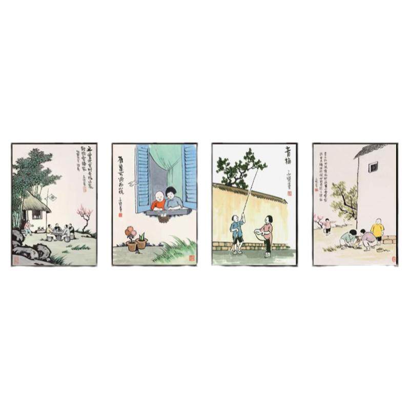 水墨丰子恺玄关壁画复古