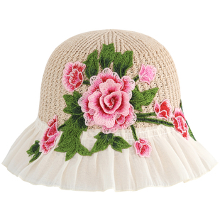 民族风刺绣花夏季遮阳帽子女白纱裙边帽檐太阳帽渔夫帽防晒针织帽