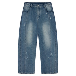 PSO Brand男装女装复古破洞直筒黑色牛仔裤男款宽松阔腿弯刀长裤