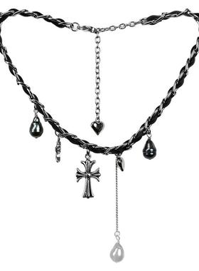 WY哥特风珍珠项链海水大溪地巴洛克皮绳choker颈链朋克时尚小众