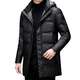 罗蒙男士中长款黑色冬季羽绒服防寒保休闲上衣务连帽加厚鸭绒外套