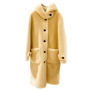 温柔风奶油黄冬季羊羔毛大衣皮毛一体韩版连帽长款皮草女毛毛外套