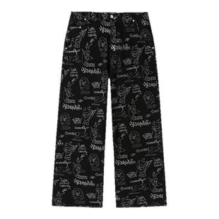 INXX明星同款 小众设计印花牛仔裤男宽松阔腿裤美式街头直筒裤女