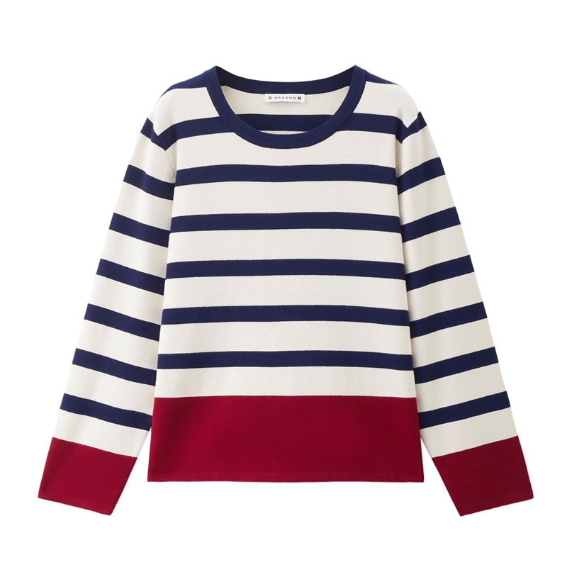 设计师款佐丹奴条纹针织衫女装拼色圆领复古宽松针织上衣18355816