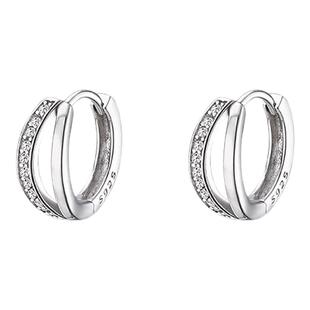 S925纯银双层闪钻玫瑰金耳环女素圈耳圈轻奢高级耳扣百搭耳钉耳饰