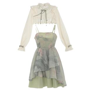 【芙蓉向晚】原创森女部落温婉风新中式仙气甜美两件套吊带连衣裙