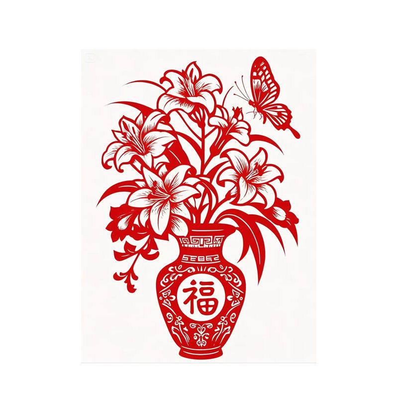 剪纸墙贴自粘防水贴纸家居中国风花瓶花卉装饰贴画红色装饰剪纸贴