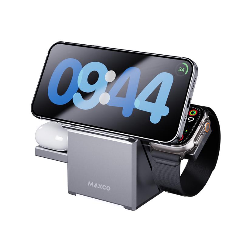 美能格三合一桌面无线充电器Qi2协议magsafe磁吸快充iphone17手机手表耳机airpods适用适用苹果支架充电