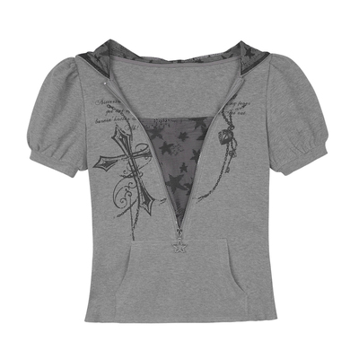 SagiDolls少女斗志可甜可酷!街头风灰色十字架印花连帽上衣轻亚夏