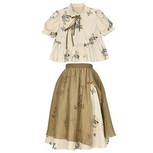 森女部落原创锦灰堆系列蝴蝶印花泡泡袖上衣国风套装2026新款夏款