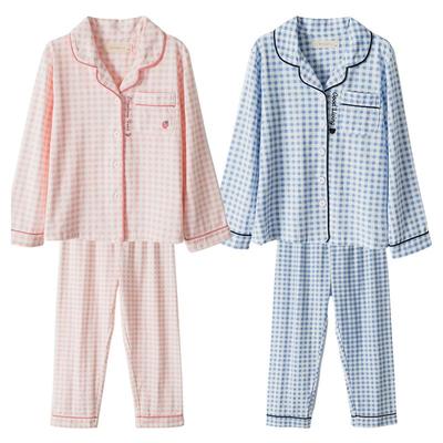 日系格子儿童春秋纯棉家居服套装