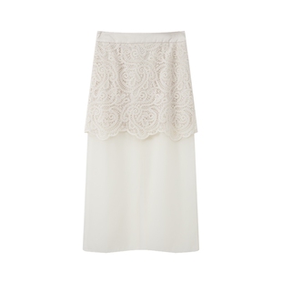 LILY2025新款女装复古法式腰果花蕾丝绣花米白色半身裙直筒裙