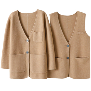 启超官方！精致感~加厚100%纯山羊绒开衫女背心毛衣马甲外套套装
