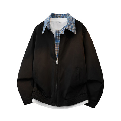 假两件格子翻领飞行夹克男装潮牌早秋穿搭cleanfit棒球服短款外套