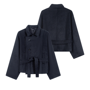 Succinct“摩”羊毛茧型双门襟毛呢中长款夹克翻领秋冬加厚外套
