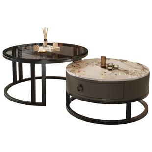 岩板茶几客厅家用简约现代小户型轻奢实木茶桌子组合网红圆形边几