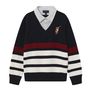 POLOWALK童装男童针织衫2025新品学院风条纹拼接衬衫领男童针织衫