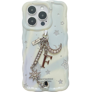 InTheCase 梦幻星月闪钻挂坠iphone14promax唯美少女ins字母定制礼物手腕链条全包防摔波浪形手机壳适用苹果