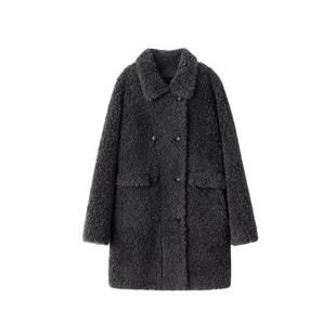 美力城羊羔毛灰色翻领大衣中长款高奢保暖鹅绒内胆冬季羽绒外套女