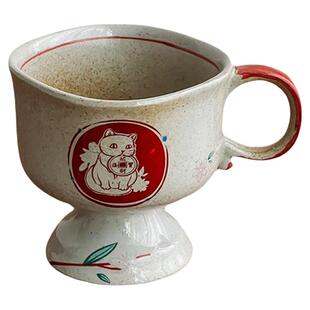 咖啡杯陶瓷可爱猫咪高脚复古粗陶拉花水杯茶杯杯子陶瓷釉下彩杯子