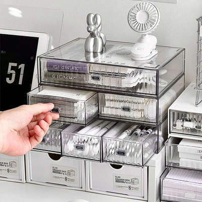 桌面收纳盒抽屉式透明亚克力储物盒学生课桌办公室工位多层整理盒