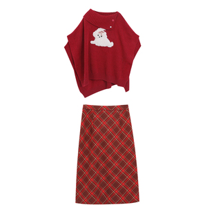 大码女装春季新款微胖mm韩系显瘦时尚红色毛衣外套格纹半裙套装