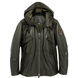 户外军旅经典意大利产NAPPA男羔羊皮皮衣连帽皮夹克外套