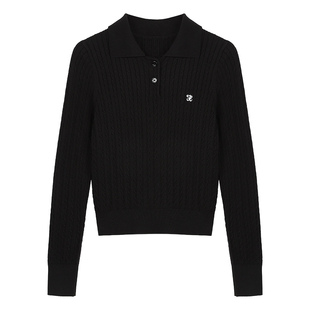 pusumede 拿捏繆系 灰色polo领麻花针织衫女设计感刺绣短款毛衣