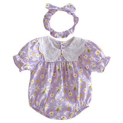 24夏季婴儿衣服女宝翻领爬服包屁衣女童紫色公主短袖连衣裙姐妹装