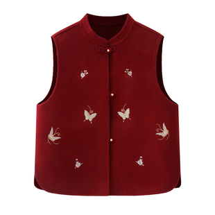 中式马甲女春2026年羊毛双面呢红色无袖小马刺绣改良国风坎肩背心
