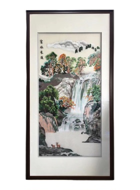 刺绣装饰画苏绣鸿运当头山水玄关门厅挂画新中式定制家居招财画
