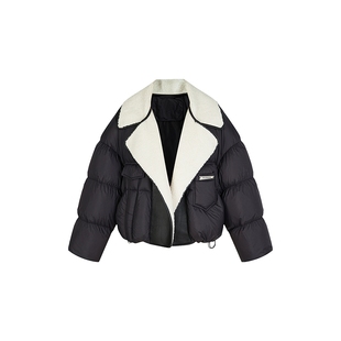 none 黑白撞色羊羔毛翻领羽绒服女2025冬季新款短款宽松面包服