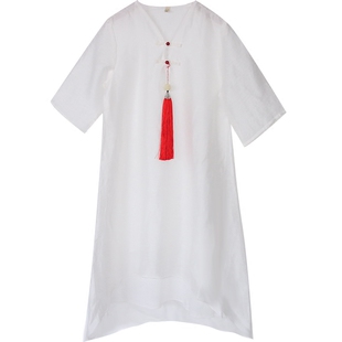 未央柚儿亚麻女童旗袍白色仙女裙长裙儿童飘逸古装汉服连衣裙夏季