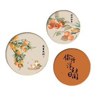 事事如意柿子画新中式圆形装饰画餐厅墙面装饰挂画吃饭厅玄关饭店