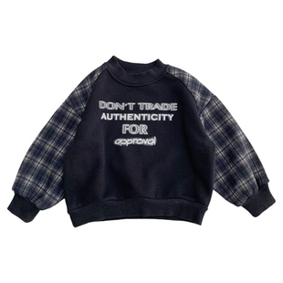 男童加绒卫衣秋冬一体绒柔软上衣时尚男孩格子插肩袖圆领打底衫潮