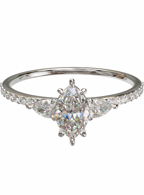 18K金水滴主石伴钻戒臂三石戒指