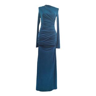 越南设计师弹力褶皱金属扣礼服长裙收腰不规则长袖收腰显瘦连衣裙