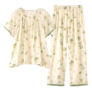 自带胸垫睡衣女天丝棉麻短袖长裤夏季薄款国风大码宽松家居服套装