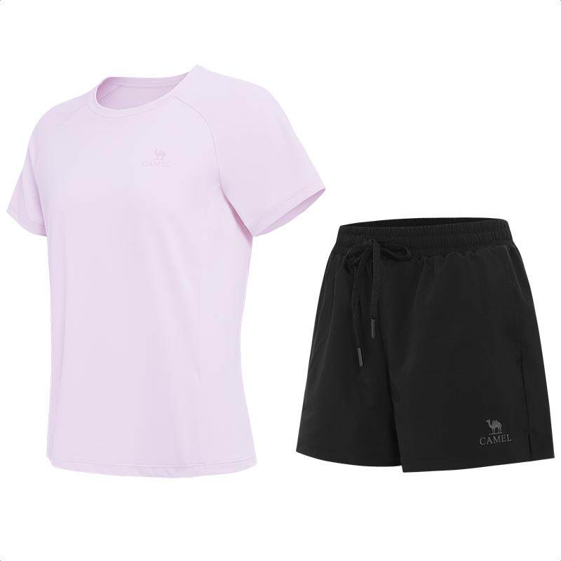 骆驼套装女夏季速干透气弹力健身两件套修身显瘦跑步训练运动套装