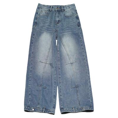 STILLYOU复古松弛感做旧水洗牛仔裤扣袢边直筒弧形分割压褶拖地裤