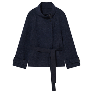 COVERINS深蓝羊毛羊驼毛立领短大衣外套女2025冬季新款CC35510210
