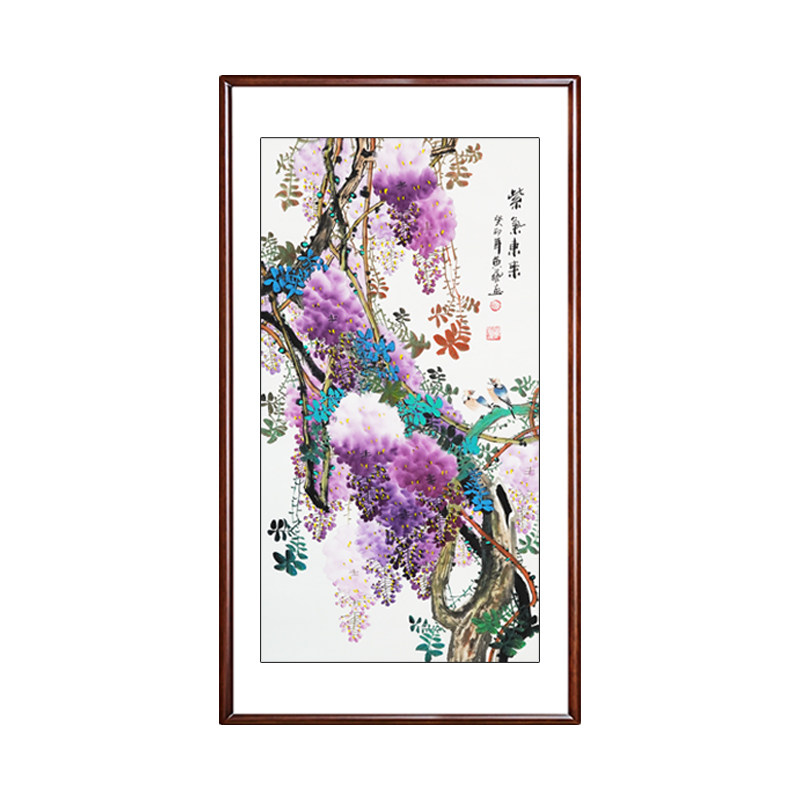 手绘玄关挂画紫气东来紫藤国画新中式客厅走廊过道竖版字画装饰画
