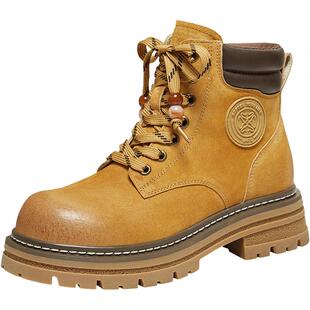 百思图2025冬季新款真皮工装马丁靴踢不烂大黄靴女短靴CE351DD5