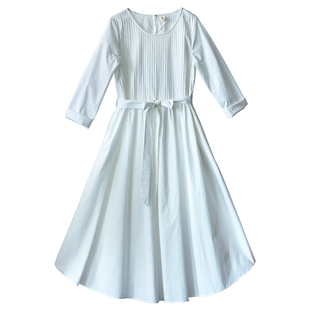 6折【梨白天青】白色连衣裙女春夏气质纯棉长裙宽松收腰褶皱裙子