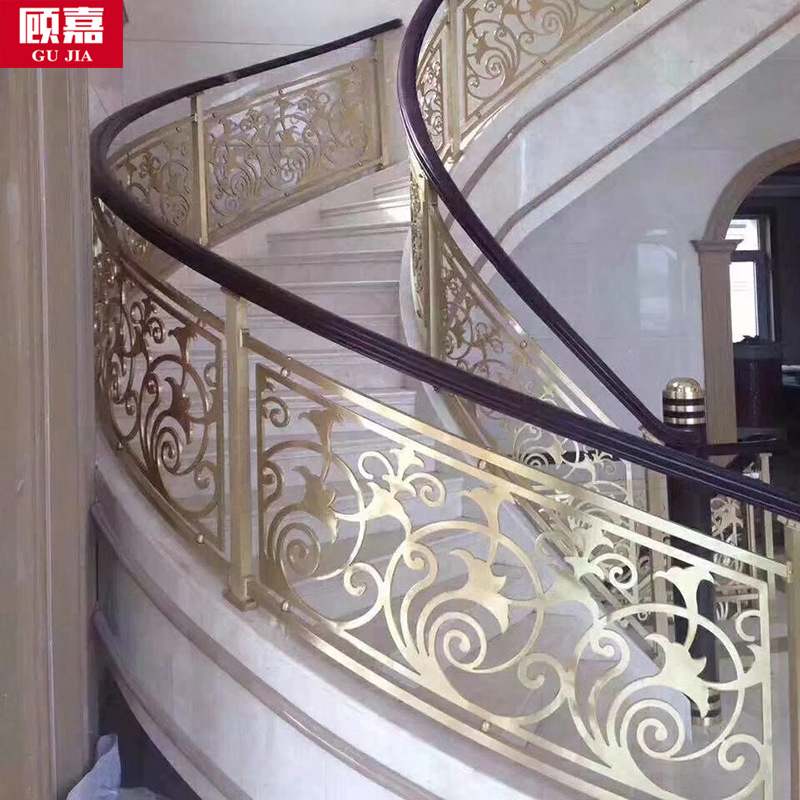顾嘉旋转式别墅楼梯扶手铝合金金属雕花板室内铜艺栏杆厂家铝艺
