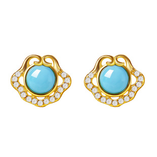 宫里上新绿松石耳钉女天然原矿纯银耳环秋冬耳饰精致小巧生日礼物